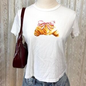 Francesca's Croissant Bow Baby Tee Top‎ Womens XS Preppy Coquette